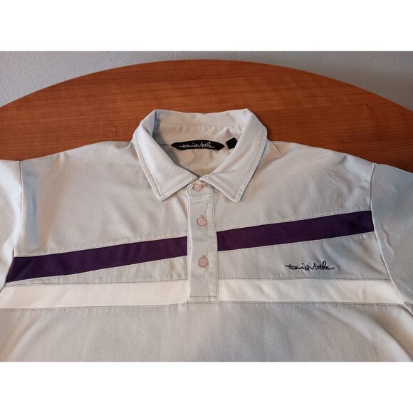 Travis Mathew Polo Shirt Mens XL Gray Purple Stripe Golf Dowdy Logo - Picture 1 of 8